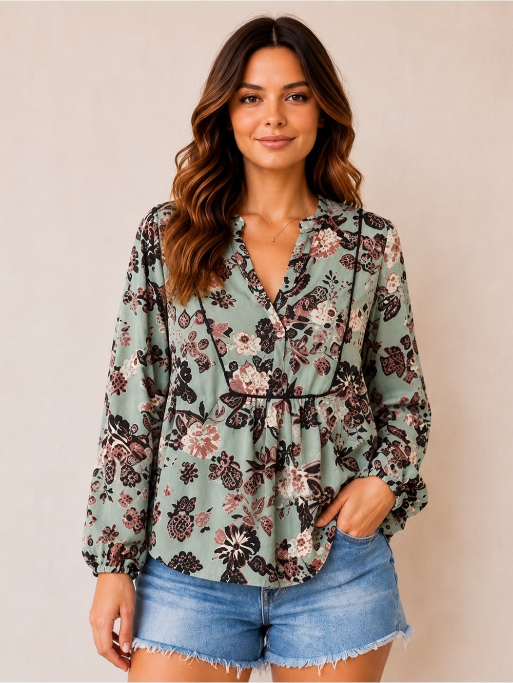 LOFT Outlet Floral Peasant Blouse XS Mint Green Boho Cottagecore V-Neck Top